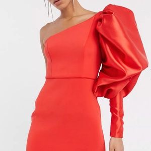 Red Mini Satin Puffer Sleeve Dress